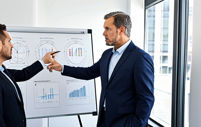 A professional male business leader in a sharp, modest business suit, actively collaborating with his diverse team in a bustling, modern open-plan office. He is pointing at a whiteboard with complex diagrams, demonstrating hands-on problem-solving, with a focused and determined expression. The team members around him are engaged, looking at him attentively. Natural pose, perfect anatomy, well-formed hands, correct proportions. The scene is well-lit, professional photography, high detail, fully clothed, appropriate attire, safe for work, professional, family-friendly content.