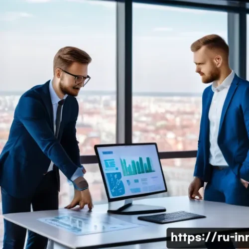 혁신경영컨설턴트 이직 전략 - A modern office scene in Moscow featuring a diverse team of innovative managers collaborating around...