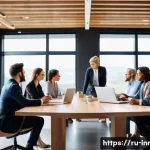 혁신경영컨설팅 팀 빌딩 전략 - A diverse team of professionals gathered around a modern conference table in a bright, open office s...