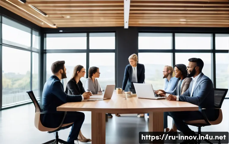 혁신경영컨설팅 팀 빌딩 전략 - A diverse team of professionals gathered around a modern conference table in a bright, open office s...