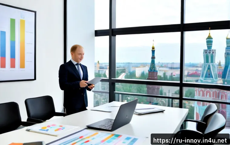 Home 17 혁신경영컨설팅과 데이터 분석의 융합 - Photorealistic modern business consulting meeting in a bright Moscow office, a diverse team of Russi...